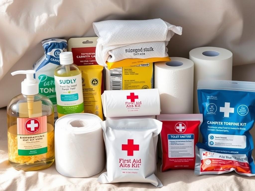 Kit de higiene e primeiros socorros organizado para acampamento em família