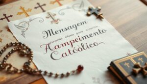 Mensagem para acampamento católico escrita em papel decorado com símbolos religiosos