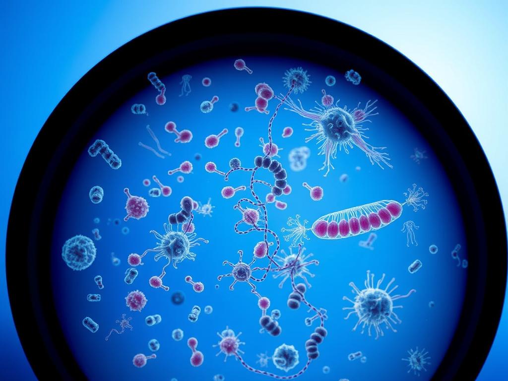 Microscópio mostrando bactérias e protozoários encontrados em água não tratada