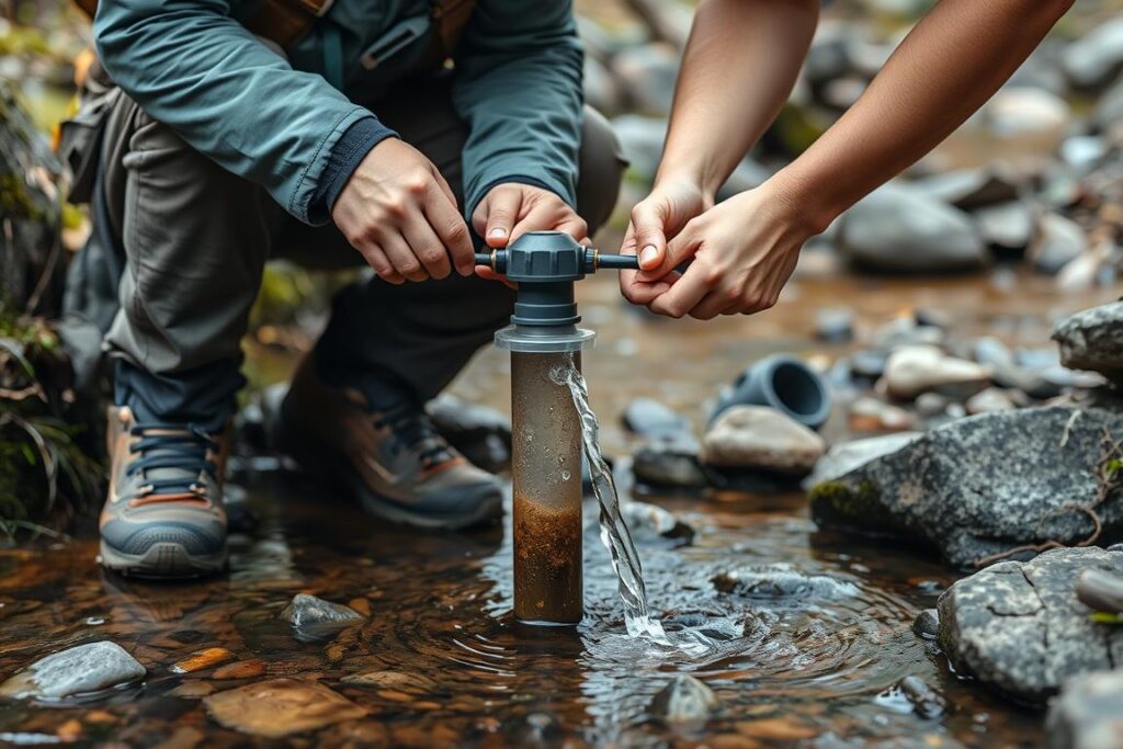 Pessoa usando filtro de bomba manual para purificar água de um riacho