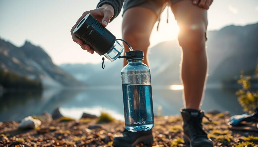 Pessoa usando purificador portátil para encher garrafa em acampamento