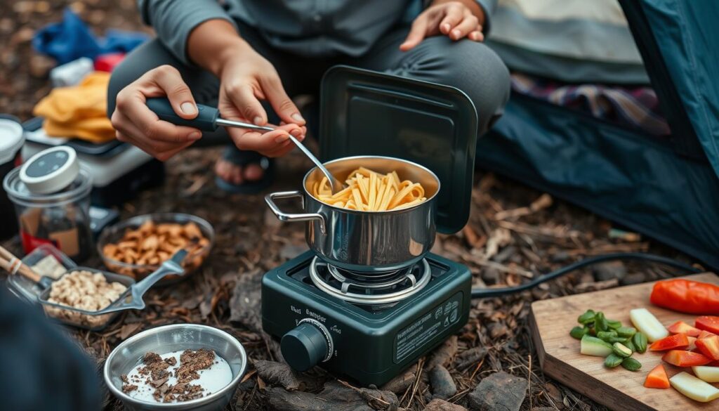 Refeição sendo preparada em fogareiro de camping: o que levar para um acampamento de 2 dias