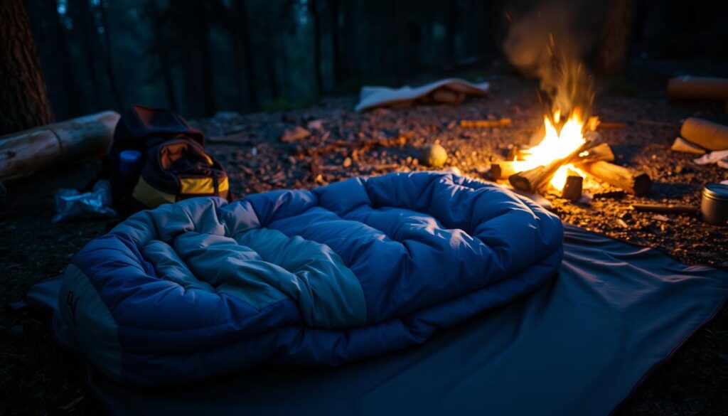 Saco de dormir aberto próximo a fogueira: o que levar para um acampamento de 2 dias