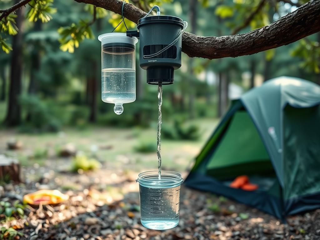 Sistema de filtração por gravidade pendurado em uma árvore em acampamento