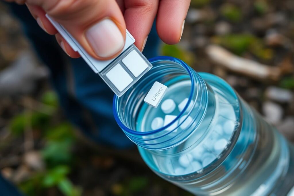 Tablets de purificação química de água sendo adicionados a uma garrafa