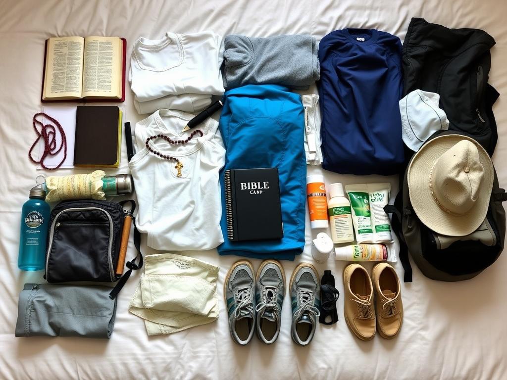 acampamento da igreja com itens essenciais organizados para levar