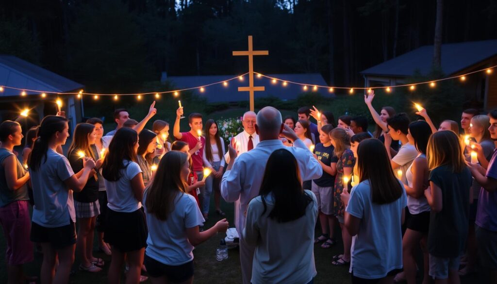 acampamento da igreja com jovens celebrando no encerramento do evento