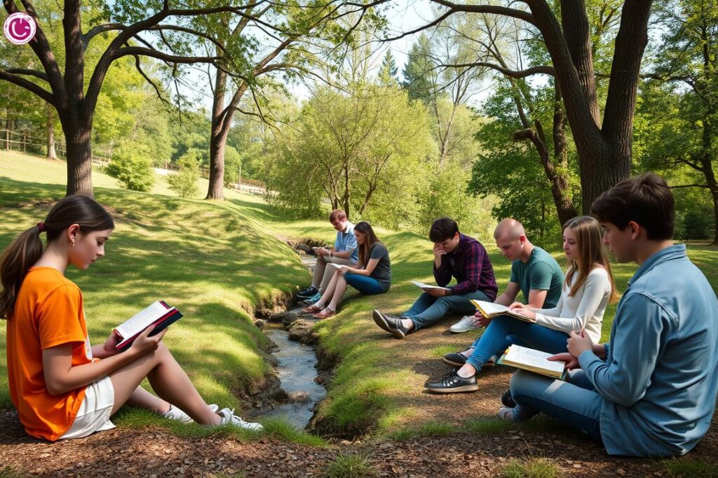 acampamento da igreja com jovens em momento de reflexão na natureza