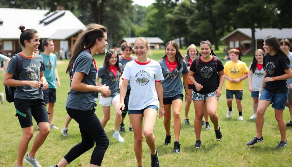 acampamento da igreja com jovens participando de atividades recreativas em grupo