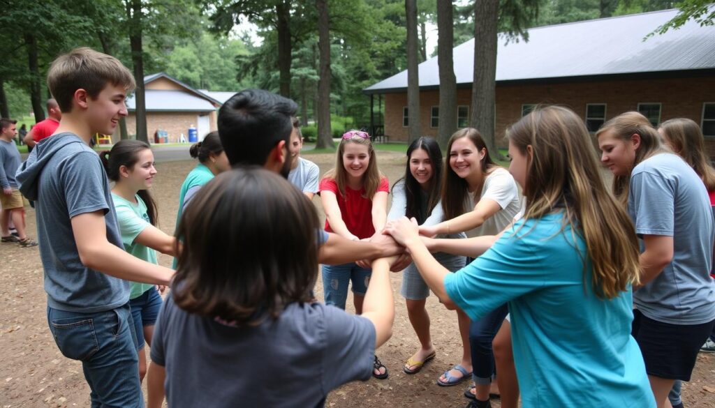 acampamento da igreja com jovens participando de dinâmica de grupo ao ar livre