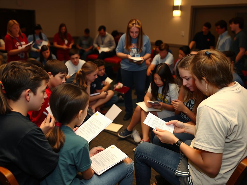 acampamento da igreja com jovens recebendo cartas de familiares