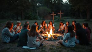 acampamento da igreja com jovens reunidos em oração ao ar livre