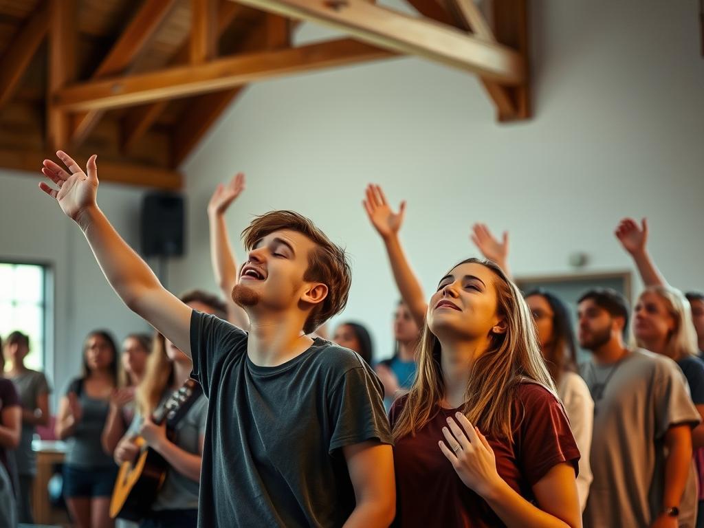 acampamento da igreja mostrando jovens em momento de louvor e adoração