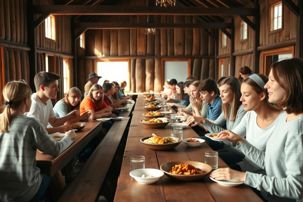 acampamento da igreja mostrando refeição comunitária com jovens