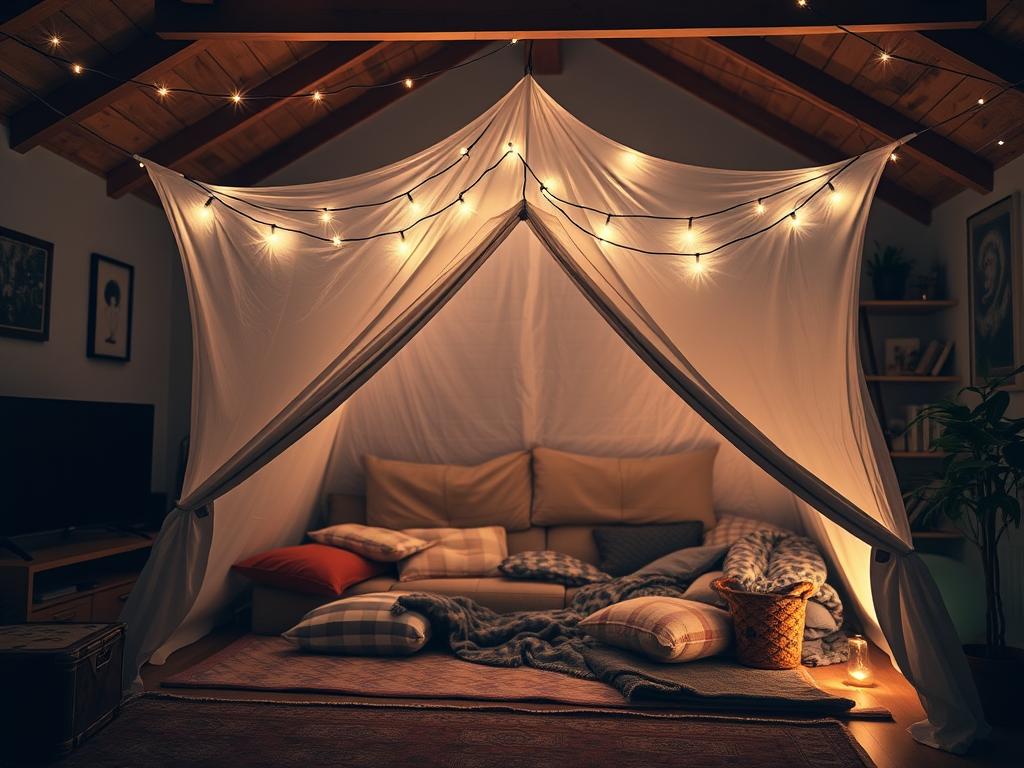 acampamento na sala de casa com barraca e luzes decorativas