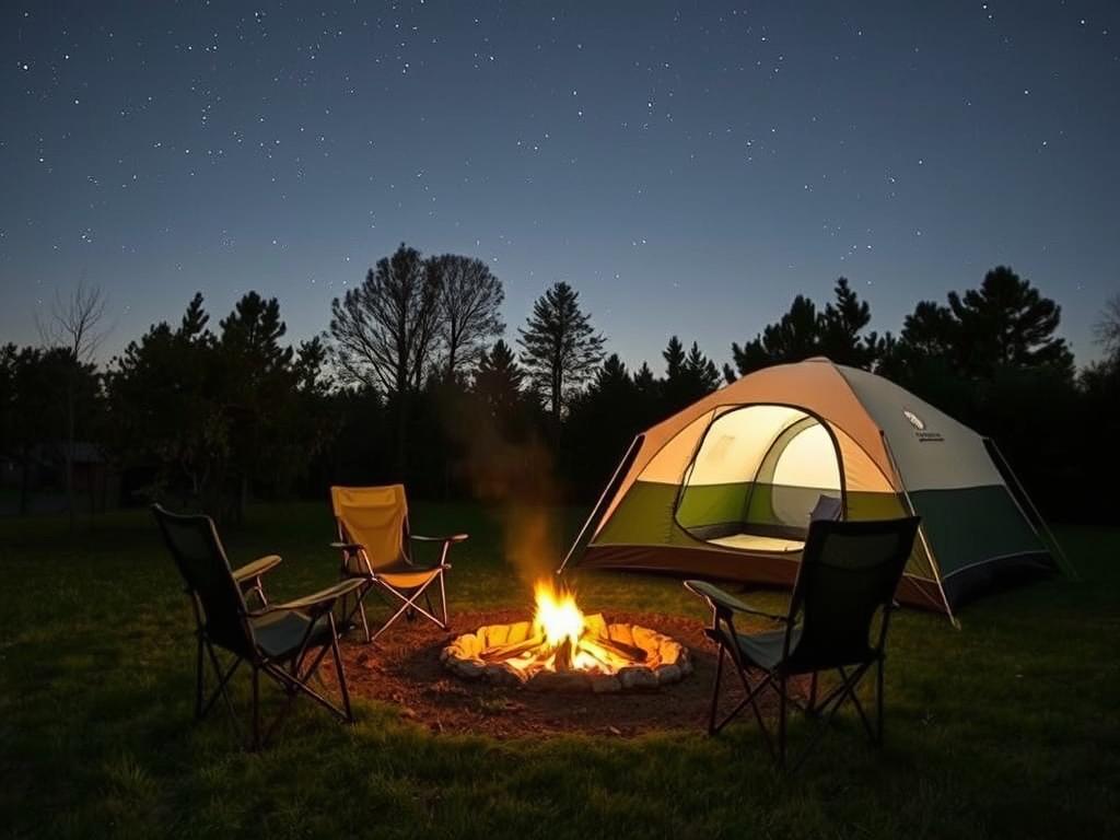 acampamento no quintal de casa com barraca e fogueira