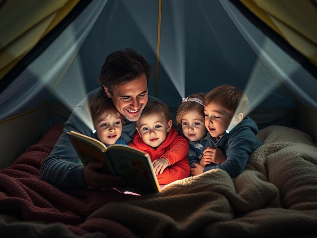 contação de histórias em um acampamento em casa