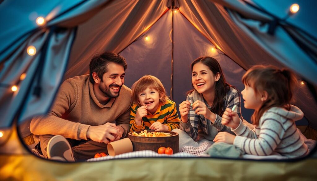 família feliz durante acampamento em casa