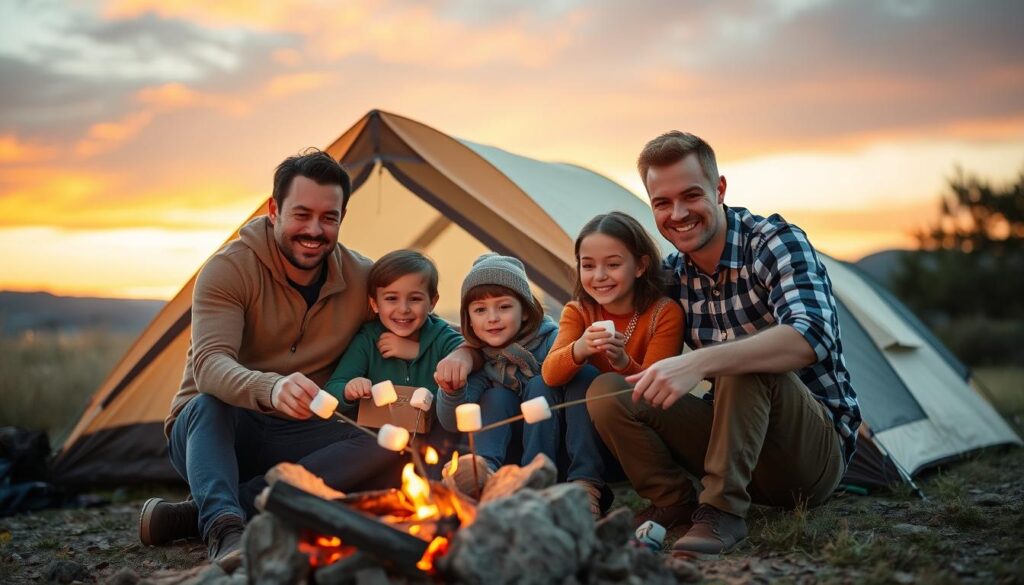 frases de acampamento com família reunida em tenda