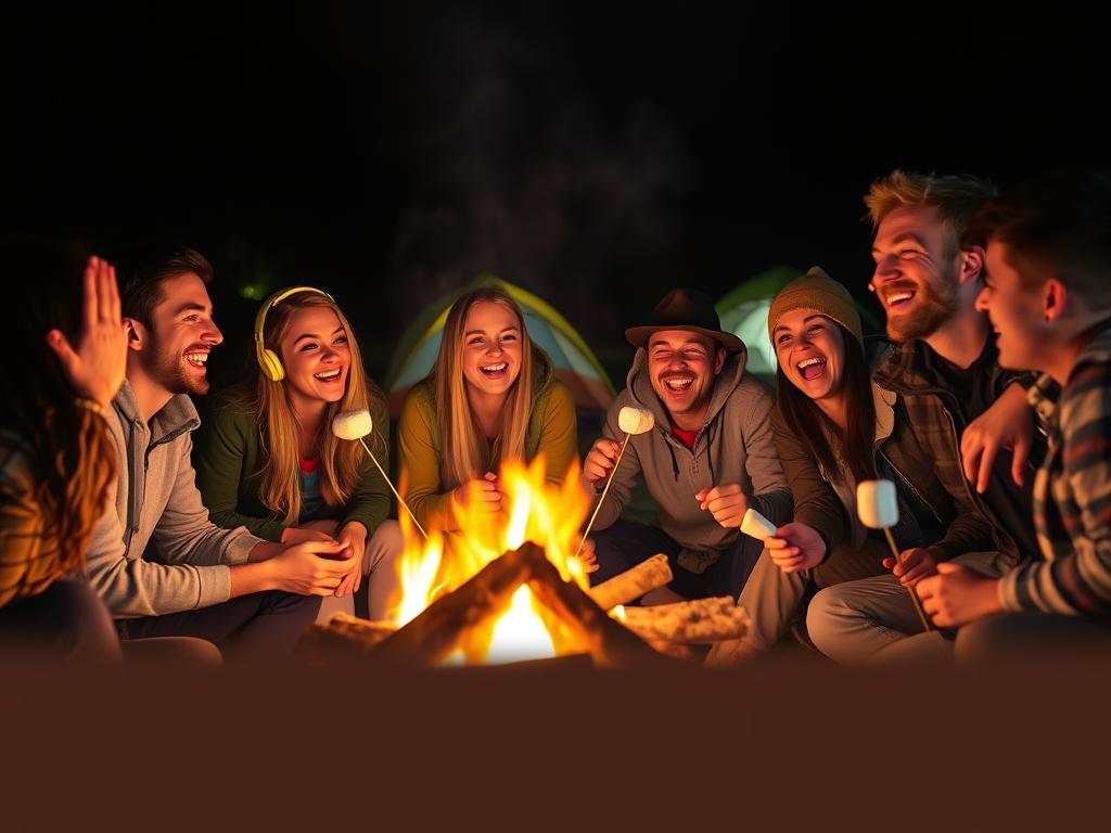 frases de acampamento com grupo de amigos ao redor de fogueira