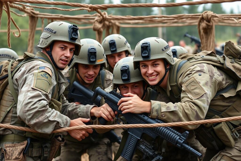 frases de acampamento militar com soldados em treinamento