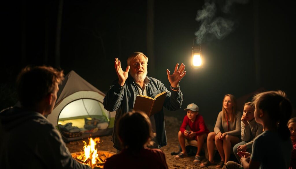 histórias de acampamento com narrador usando gestos e expressões faciais