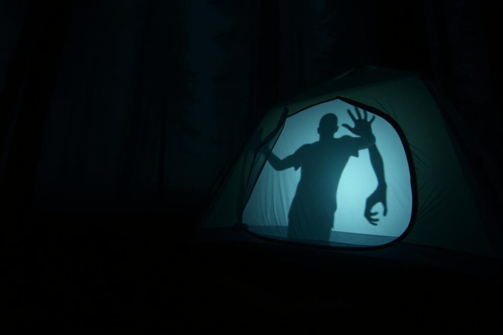 histórias de acampamento de terror com sombra misteriosa projetada em uma barraca