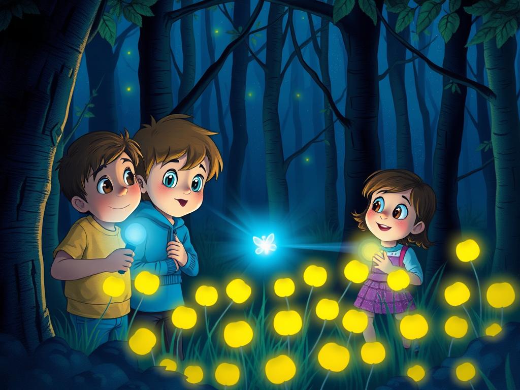 histórias de acampamento infantil com crianças observando um vaga-lume azul na floresta