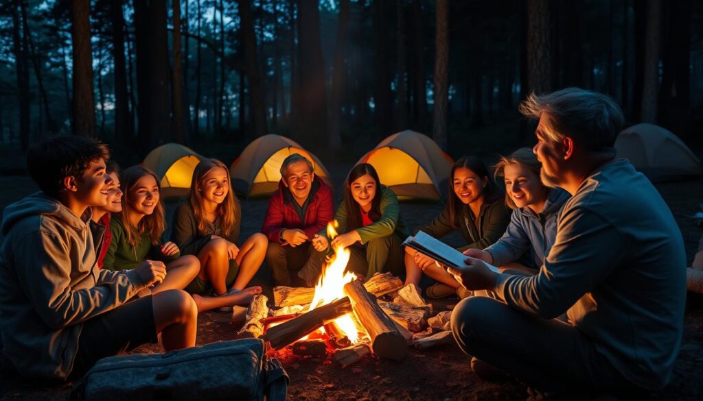histórias de acampamento sendo contadas ao redor da fogueira