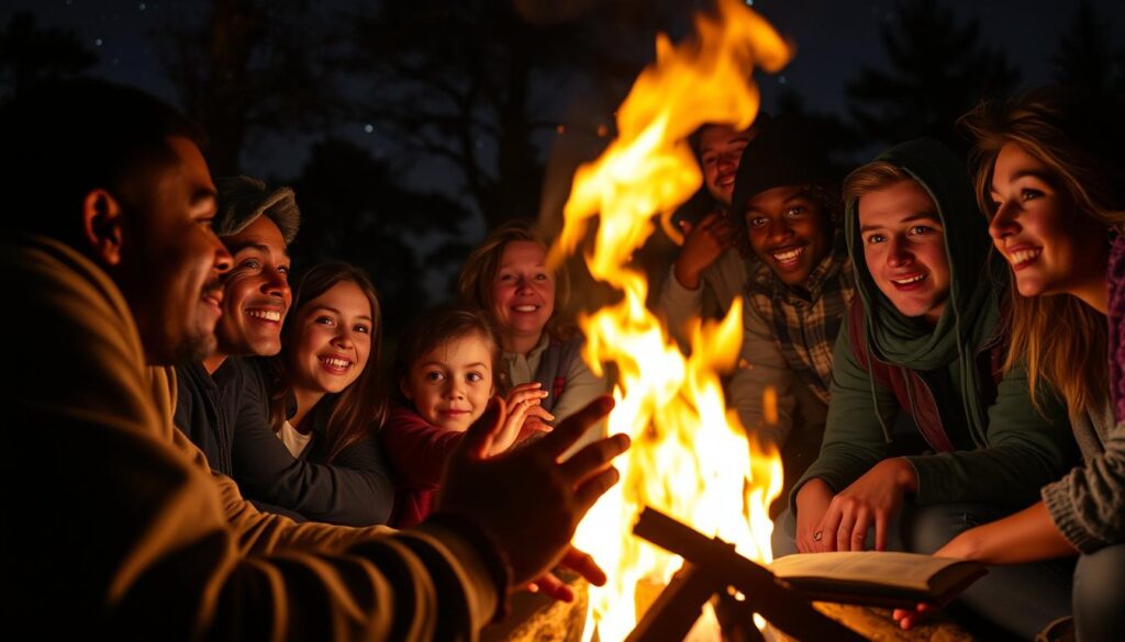 histórias de acampamento sendo contadas com técnicas de narração envolventes