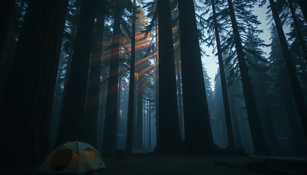 histórias de acampamento sobre a misteriosa floresta de Redwood com sequoias gigantes