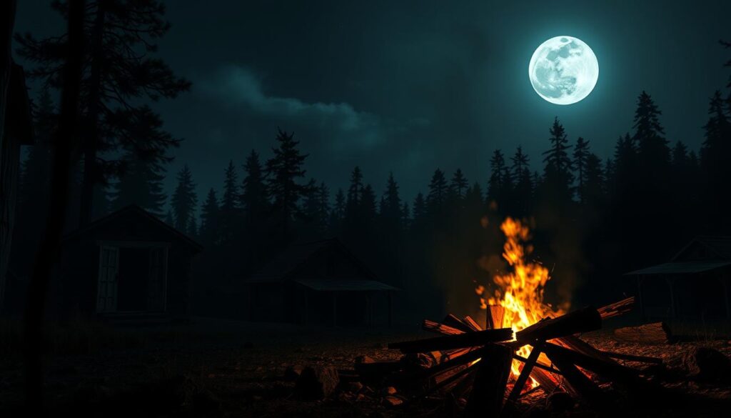 histórias de acampamento sobre o misterioso Acampamento Nightwing com figura observando de longe