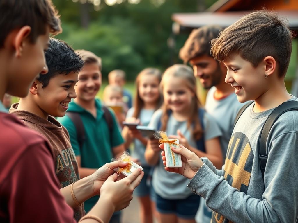 jovens recebendo lembrancinhas para acampamento de igreja
