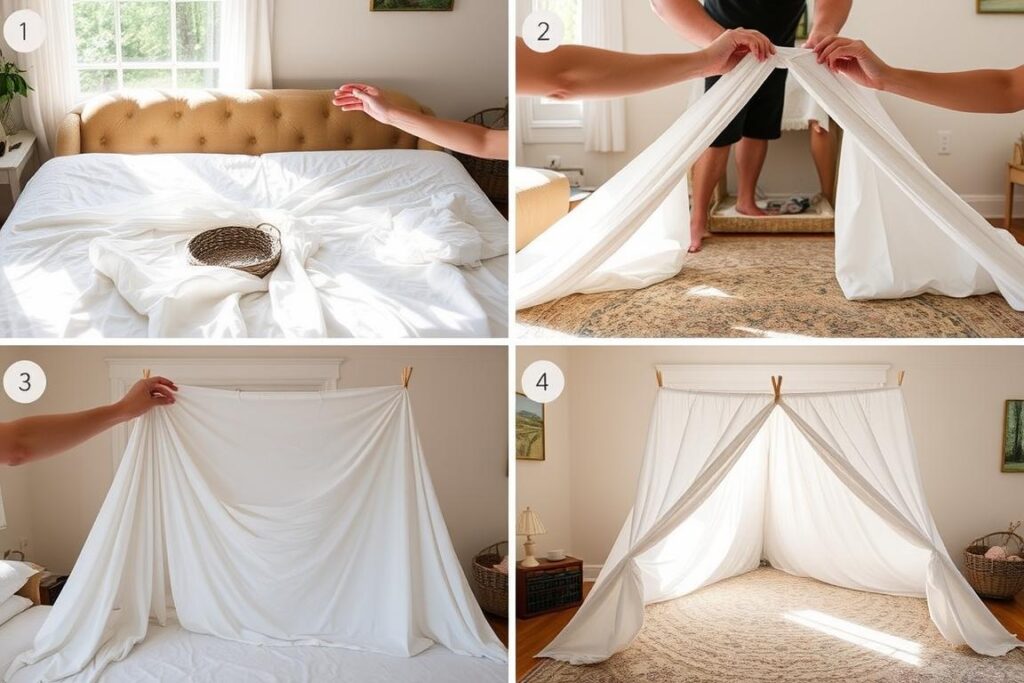 montagem de barraca para acampamento em casa usando lençóis