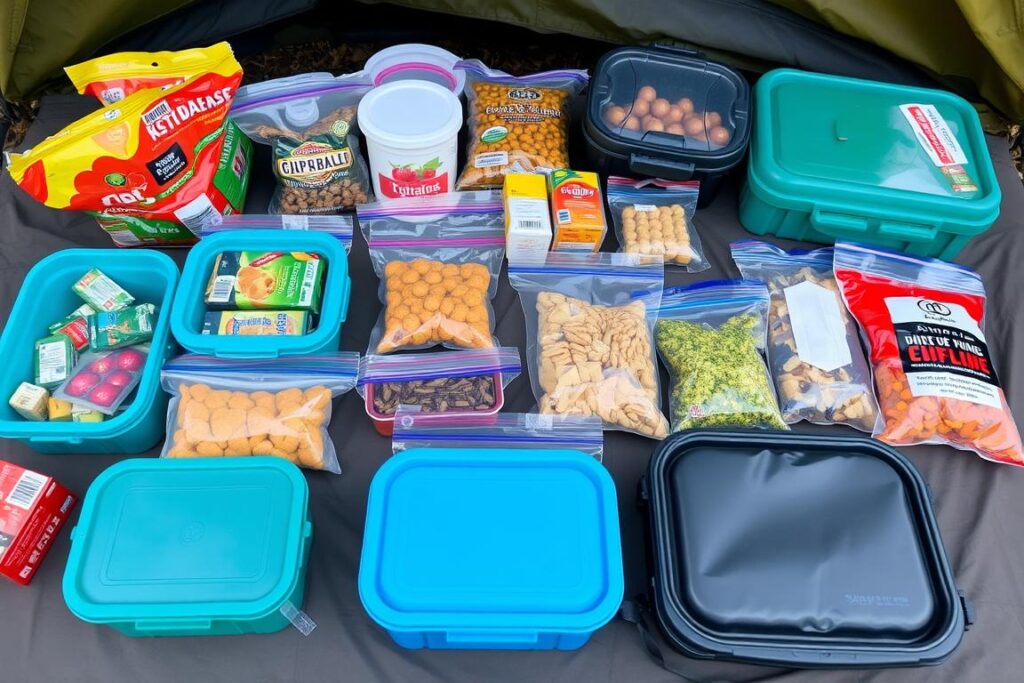 o que precisa para acampar: alimentos organizados para camping em recipientes e embalagens práticas