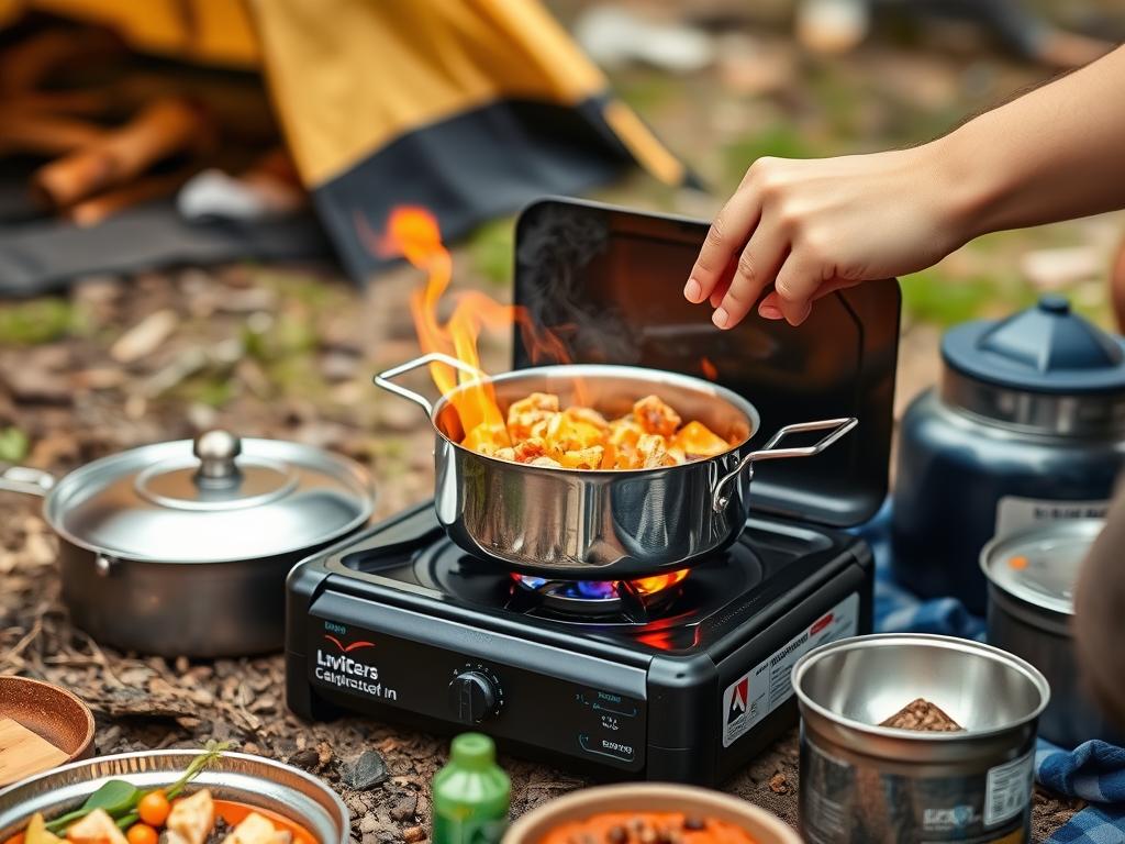 o que precisa para acampar: fogareiro portátil em uso preparando refeição em acampamento