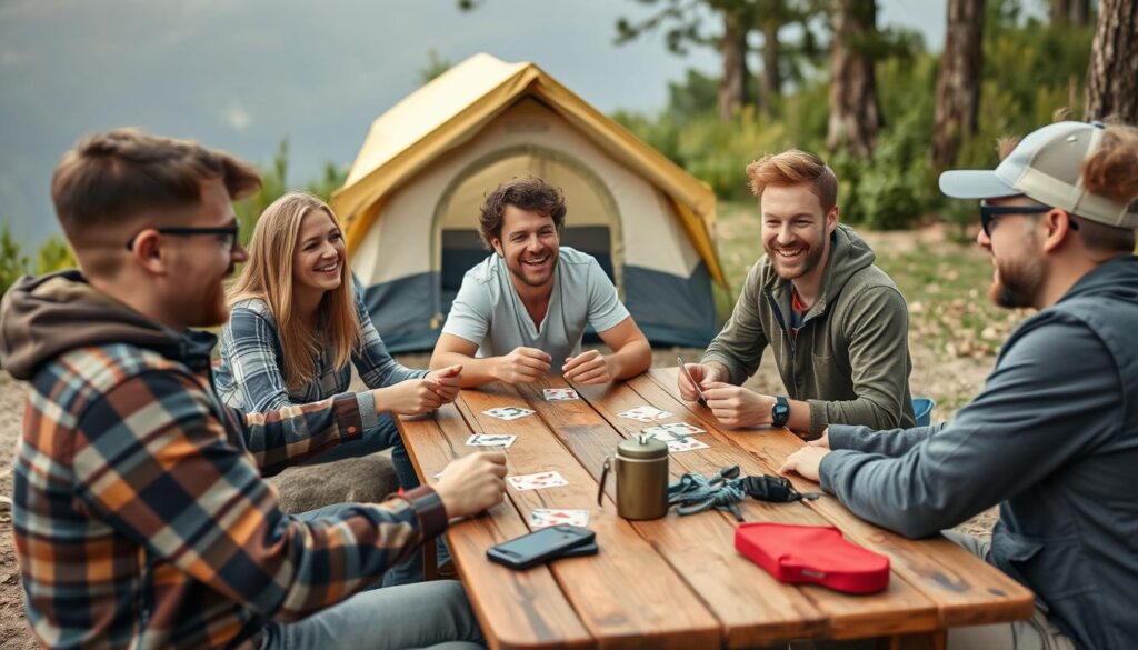 o que precisa para acampar: grupo de amigos jogando cartas ao redor de mesa de camping