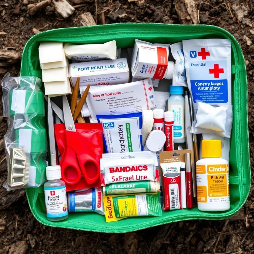 o que precisa para acampar: kit de primeiros socorros organizado com itens essenciais