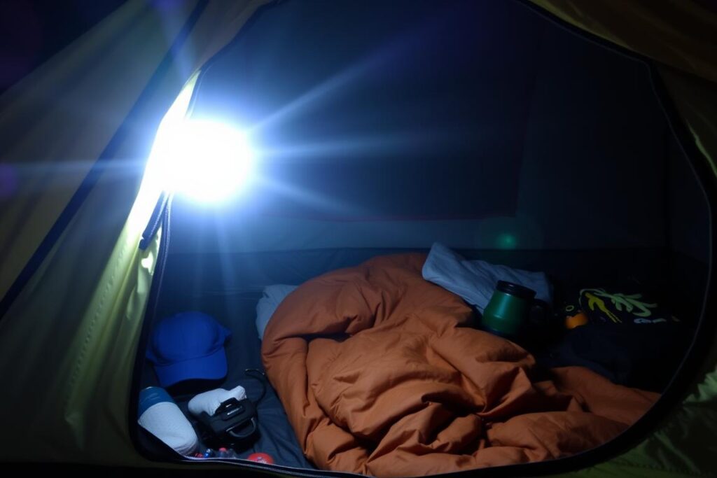 o que precisa para acampar: lanterna de cabeça iluminando o interior de uma barraca à noite