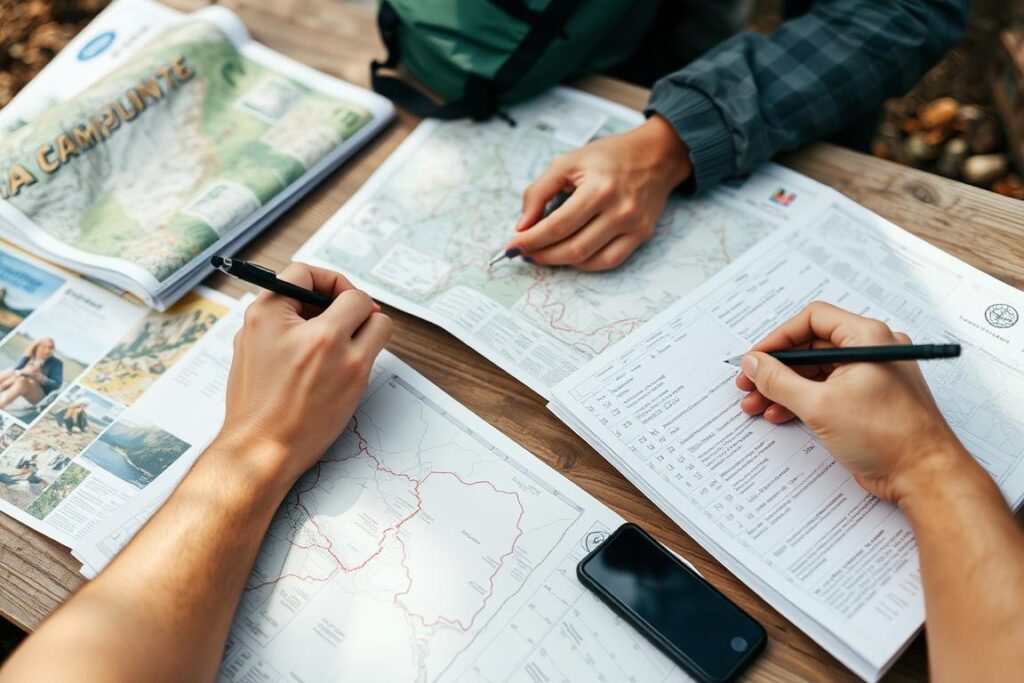 o que precisa para acampar: pessoa consultando mapa e planejando rota de acampamento