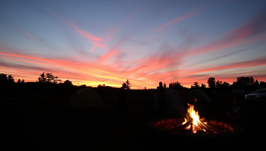 o que precisa para acampar: pôr do sol em acampamento com pessoas reunidas em volta de fogueira