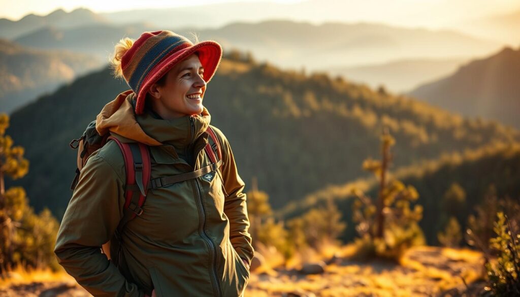 pessoa desfrutando da natureza com roupas para acampar adequadas