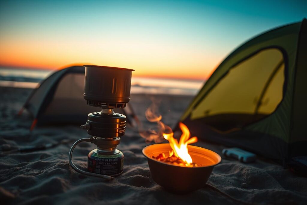 pode acampar na praia fogareiro portátil para preparo de refeições