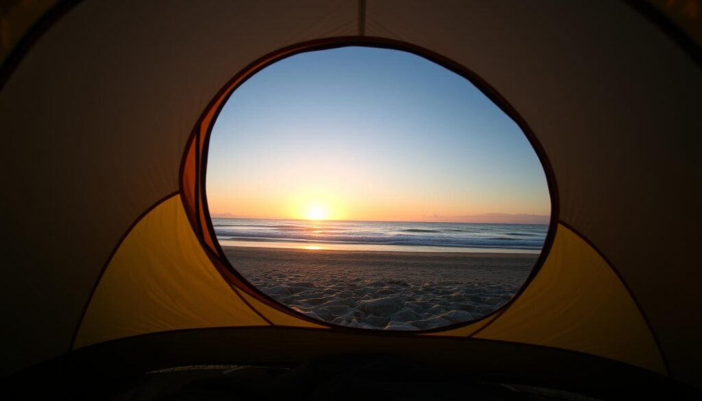 pode acampar na praia nascer do sol vista da barraca