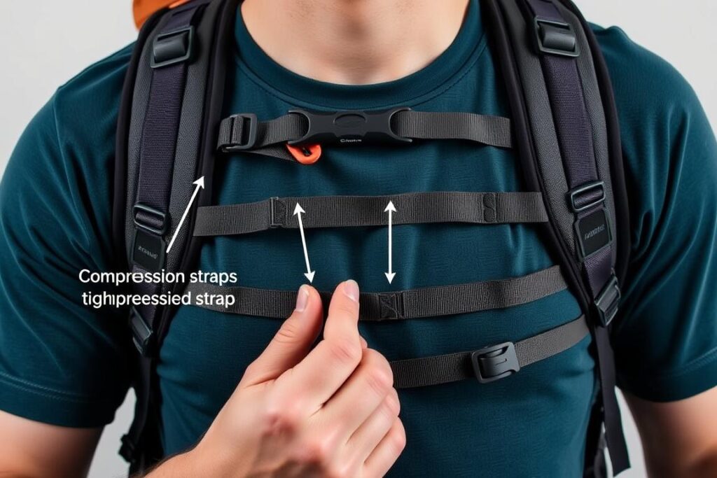 Ajuste da fita peitoral e fitas de compressão lateral em uma mochila de trekking