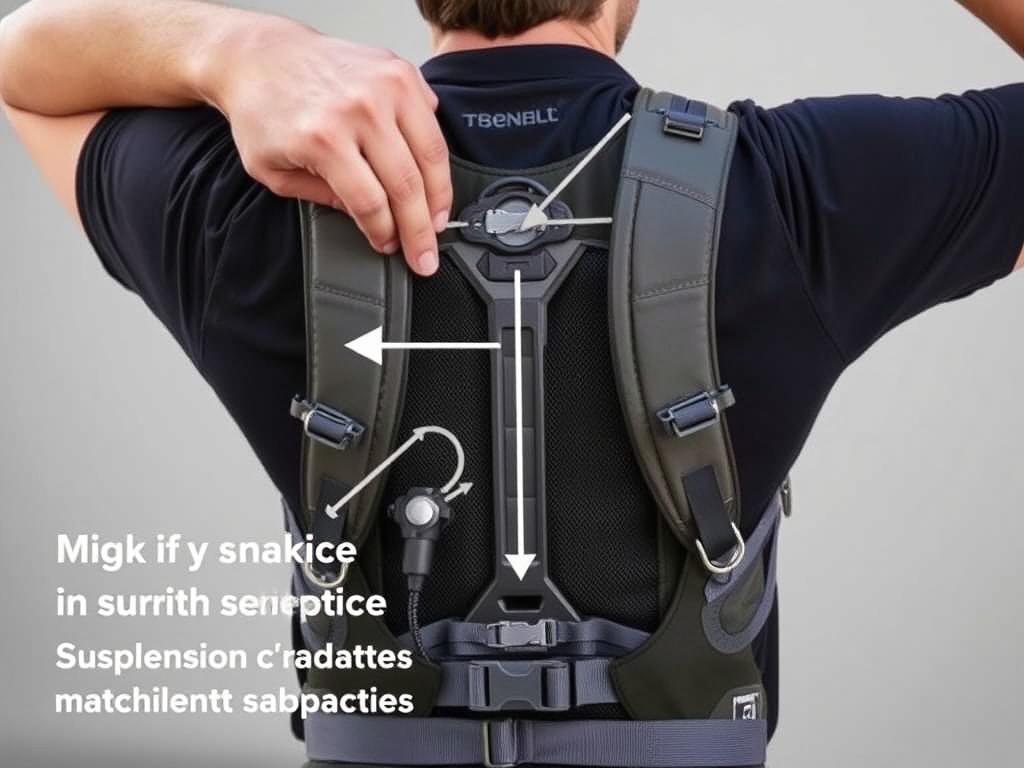 Ajuste do sistema de suspensão de uma mochila de trekking mostrando a regulagem do costado