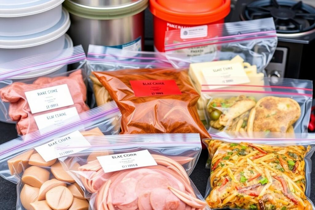 Alimentos embalados a vácuo para conservação em acampamento