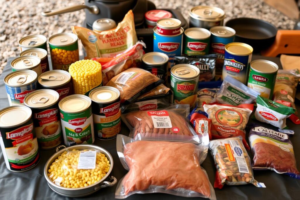 Alimentos enlatados e embalados a vácuo para acampamento
