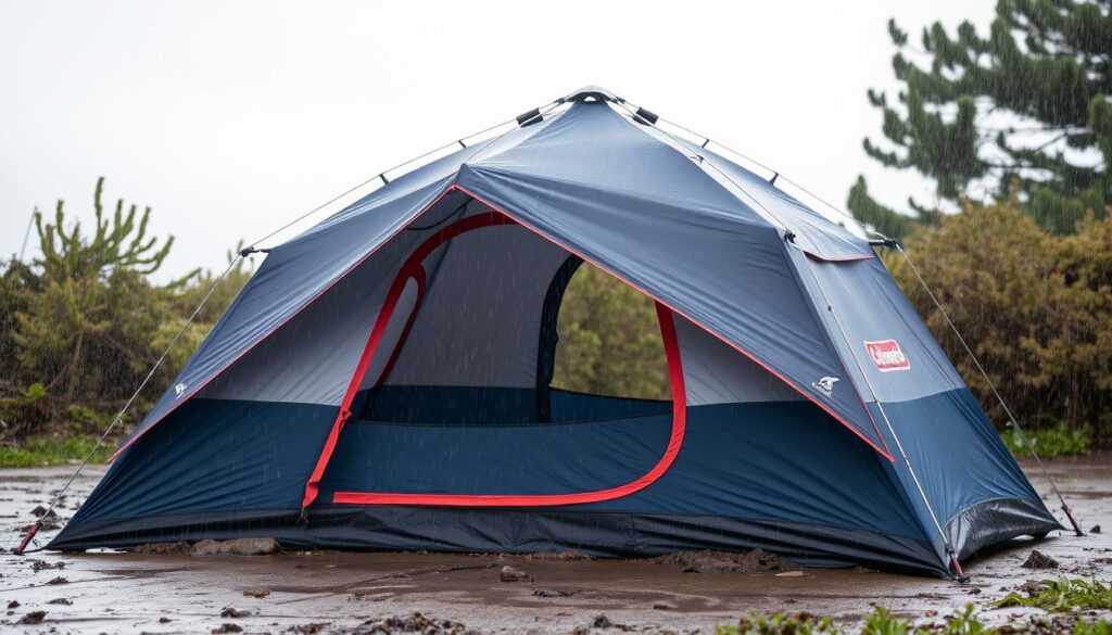Barraca Coleman em uso durante condições climáticas adversas, demonstrando resistência