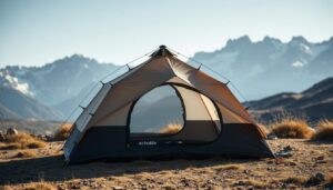 Barraca Echolife montada em ambiente de camping com paisagem natural ao fundo